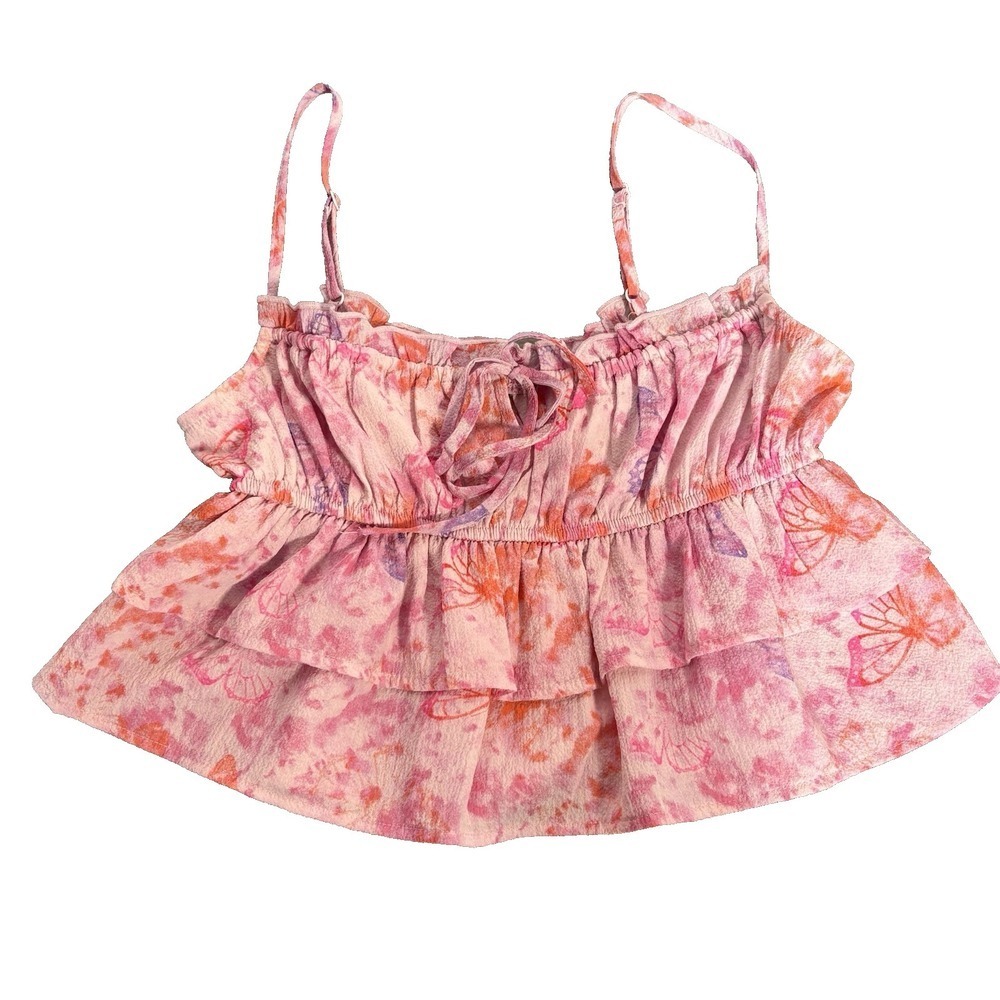 Floral Tiered Y2K Crop Tank Top Womens XS Butterfly Ruffle Fairy Coquette Tie